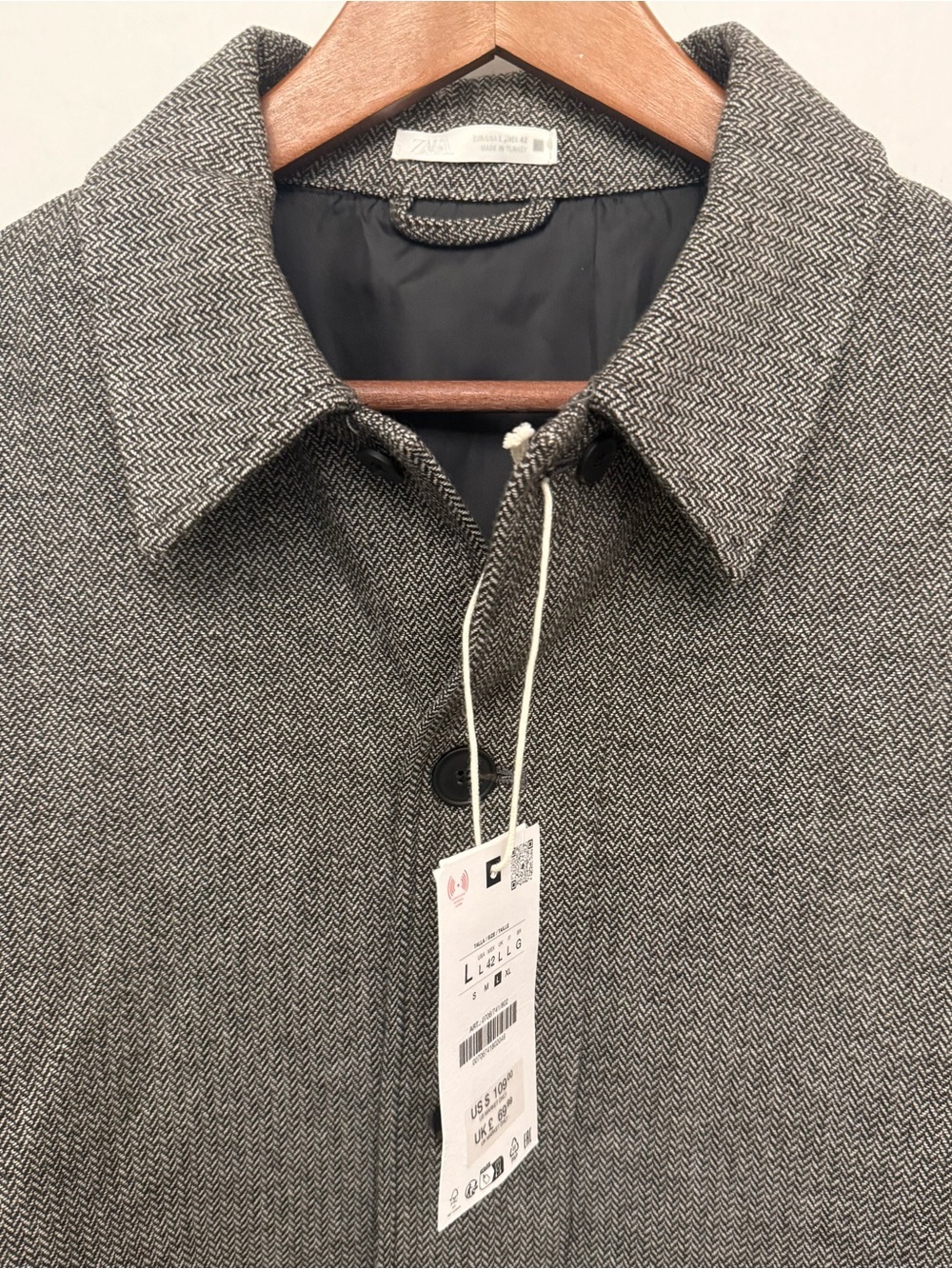 Zara NWT Wool Blend Tweed Shirt Jacket in Grey/Black Herringbone - Picture 3 of 6